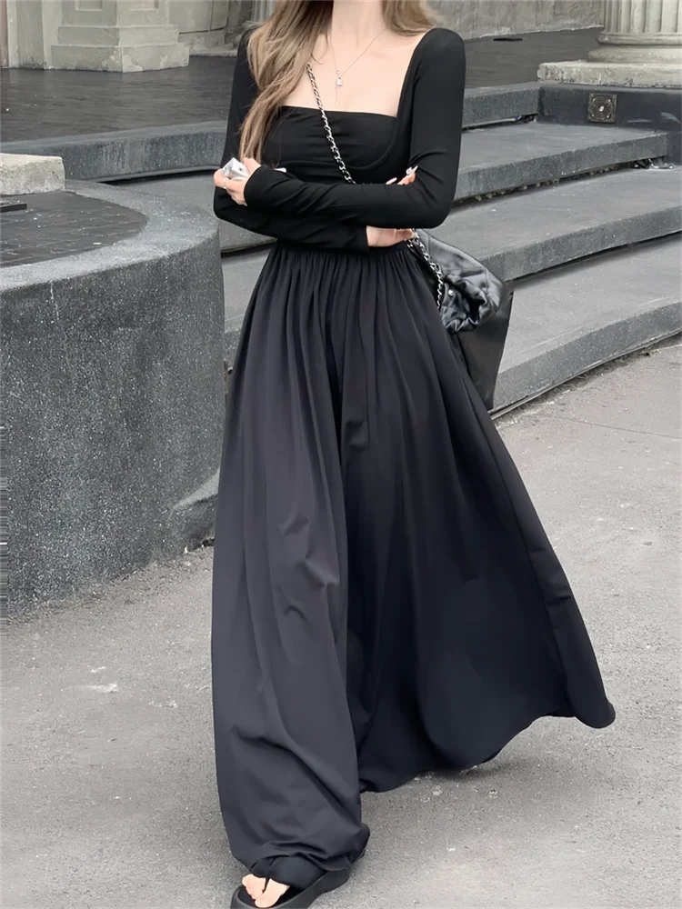 Vintage Ballet Fashion Square Collar Long Dress 2024 New Spring Long Sleeve Black Beige Dress Holiday Slim Waist A Line Skirt