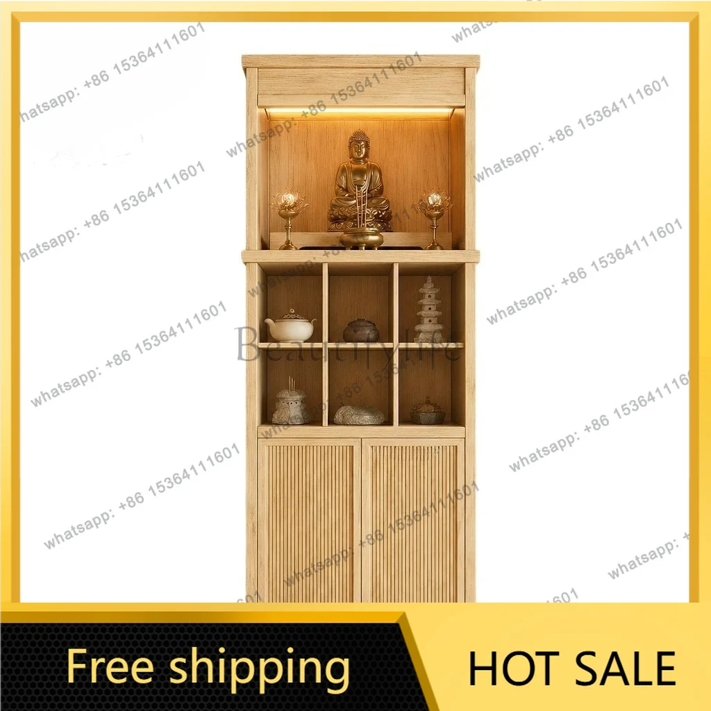 YJ Log Style Song‑Aesthetic Solid Wood Altar Cabinet New Chinese Standing Shrine For Guanyin Guan Gong God of Wealth Home Use