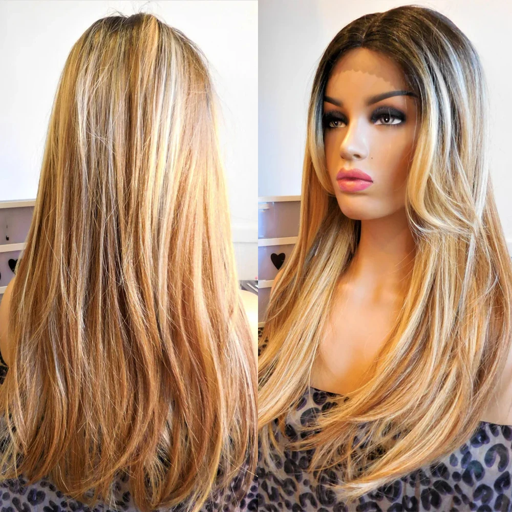 

24 Inch Synthetic Lace Front Wig Long Blonde Balayage Highlights Ladies Wig Blended Human Hair Stiraight Wig Center Parting