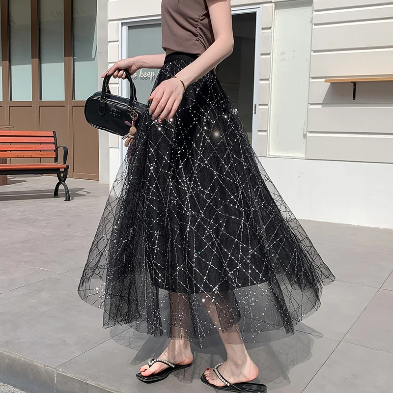 

Sequins A-Line Skirts Summer Loose Casual Elastic Waist Long Skirt Women Black Skirt