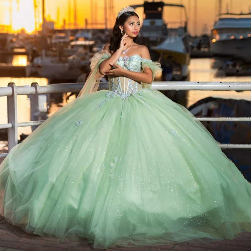 

Green Shiny Ball Gown Quinceanera Dresses Applique Lace Beading Crystal Bow Tull Corset Off Shoulder Sweet 16 Dress vestidos 15