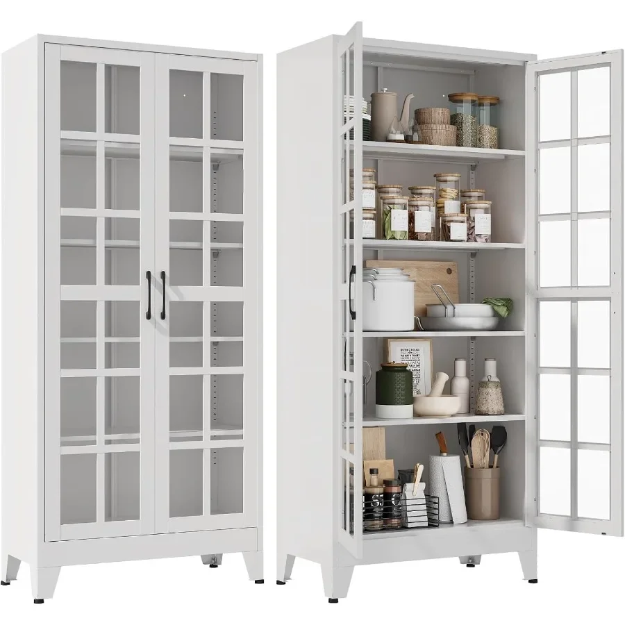 Metal storage cabinet with glass doors and adjustable shelves for office use, steel construction, matte black finish, scratch-r