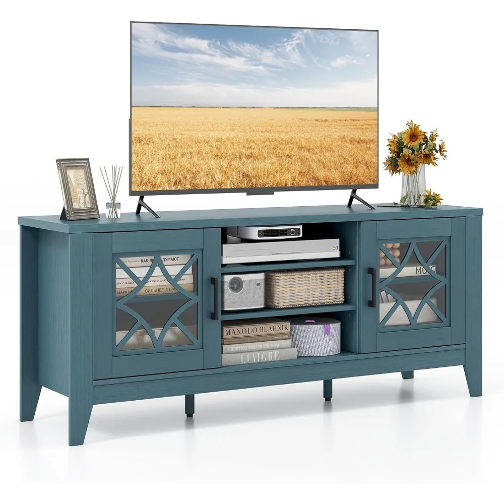 Farmhouse TV Stand for TVs Up to 65-in, Classic Media Entertainment Center w/Glass Door Cabinets & 4 Adjustable Shelves