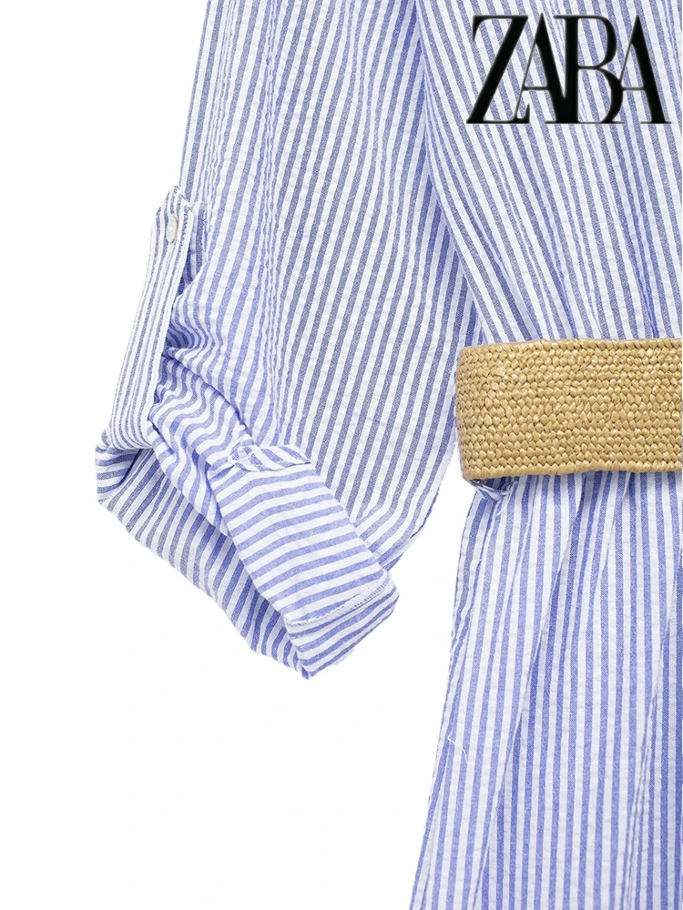 Las mujeres con cinturón de un solo pecho de manga larga vestido de camisa de rayas azules de la solapa de la calle elegante Commuter largo verano Resort vestidos de moda