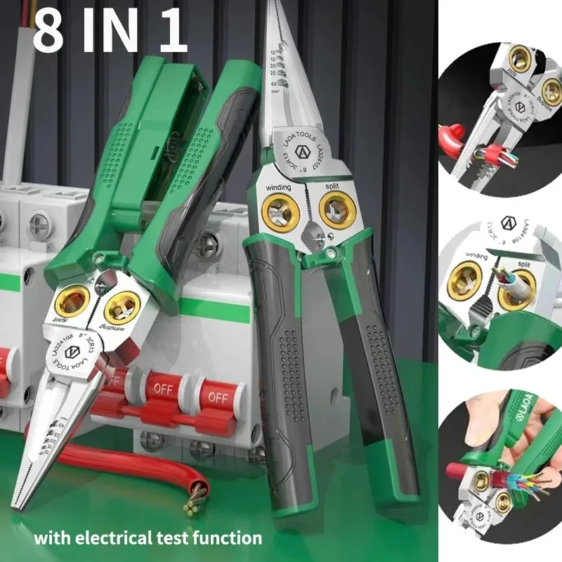 8-In-1 Stainless Steel Wire Stripping Pliers Multifunctional Electrician Maintenance Pliers Specialized Testing Cutting Crimper