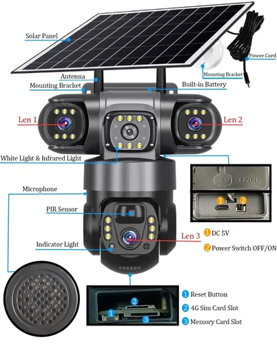 Imagen 2 del producto Cámara Solar 4G, 12MP, 6K, tres lentes, Monitor de tres pantallas, visión nocturna, protección de seguridad, videovigilancia PTZ, cámara web V380 CCTV