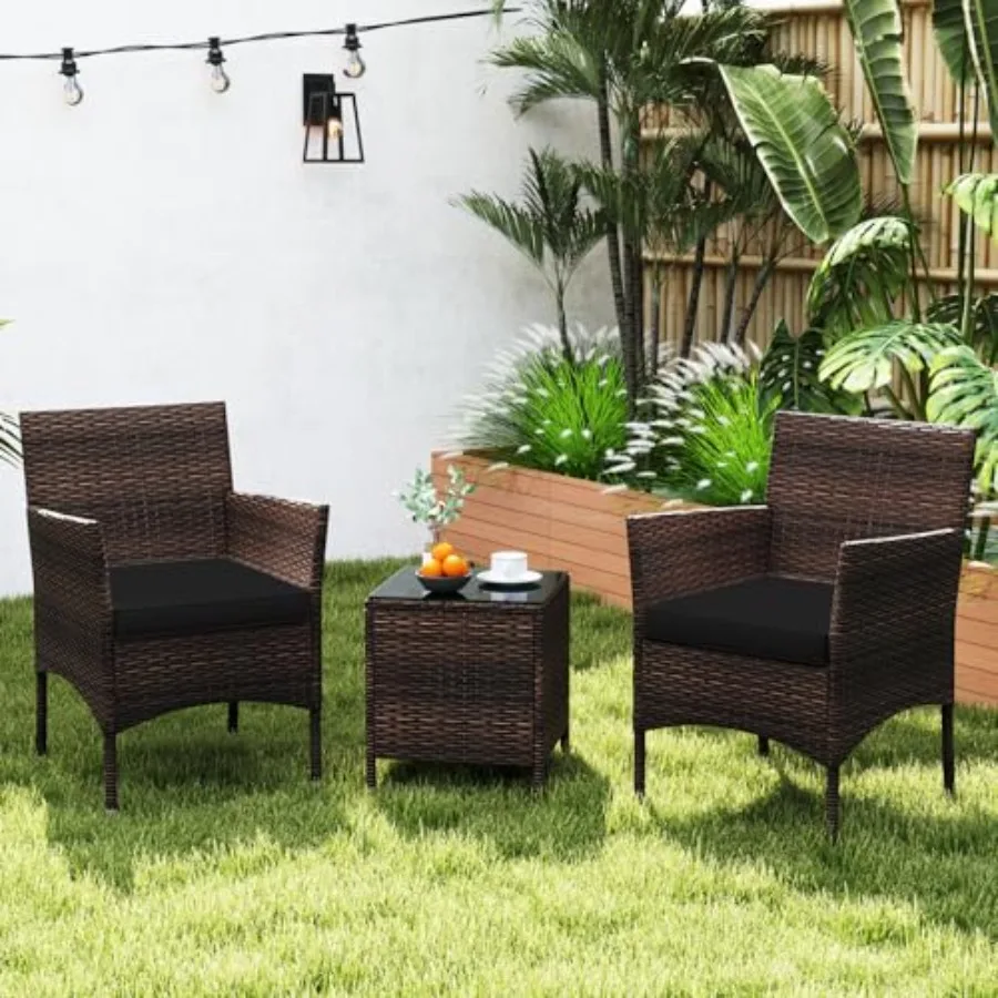 Tangkula 3 Pieces Patio Rattan Furniture Set Outdoor Conversation Set with PE Wicker Armchairs Tempered Glass Top Coffee Table