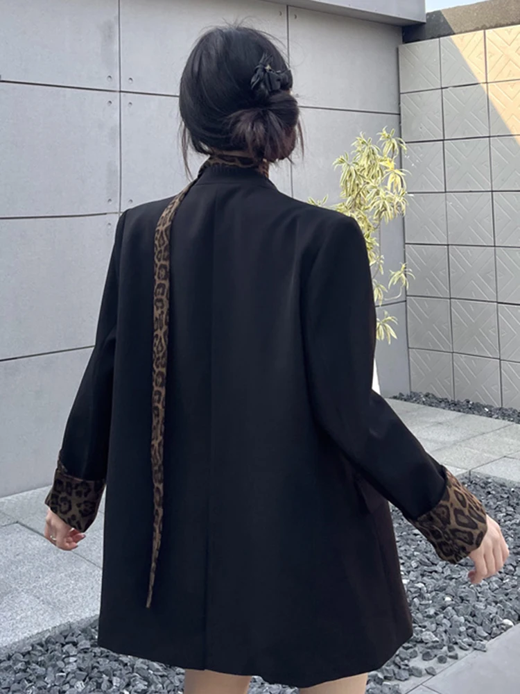 YERMORA Dames Zwart Luipaard Lint Bloem Casual Blazer V-hals Lange Mouw Losse Nieuwe Jas Mode Tij Lente Herfst 2025