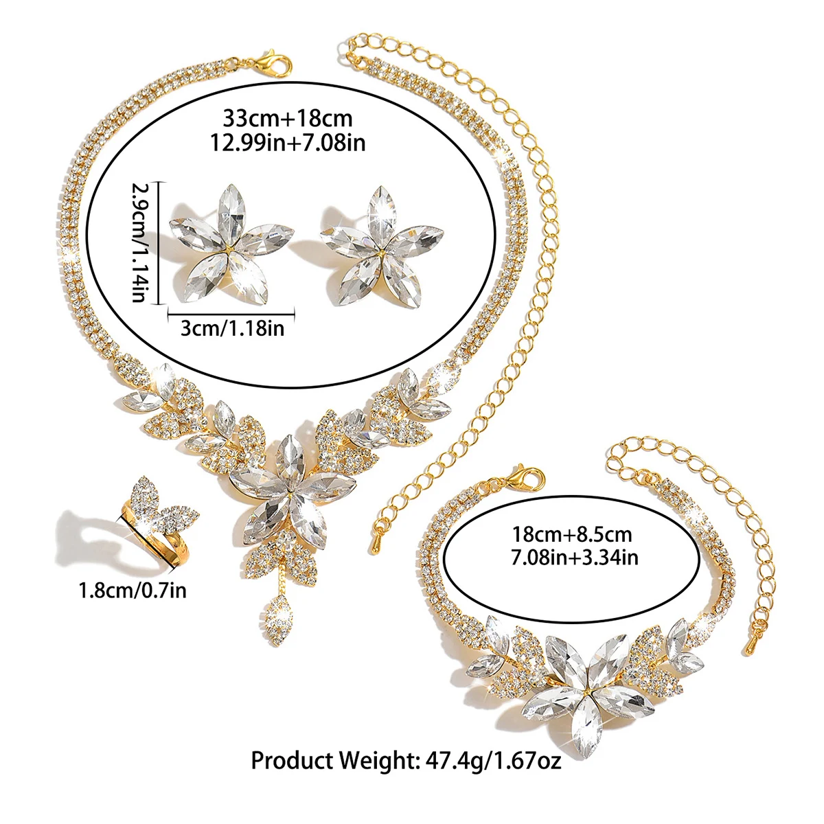 Exquisite Sparkling Flower Necklace Earrings Bracelet 3-Piece Wedding Toast Dress Ladies Banquet Party Jewelry Set