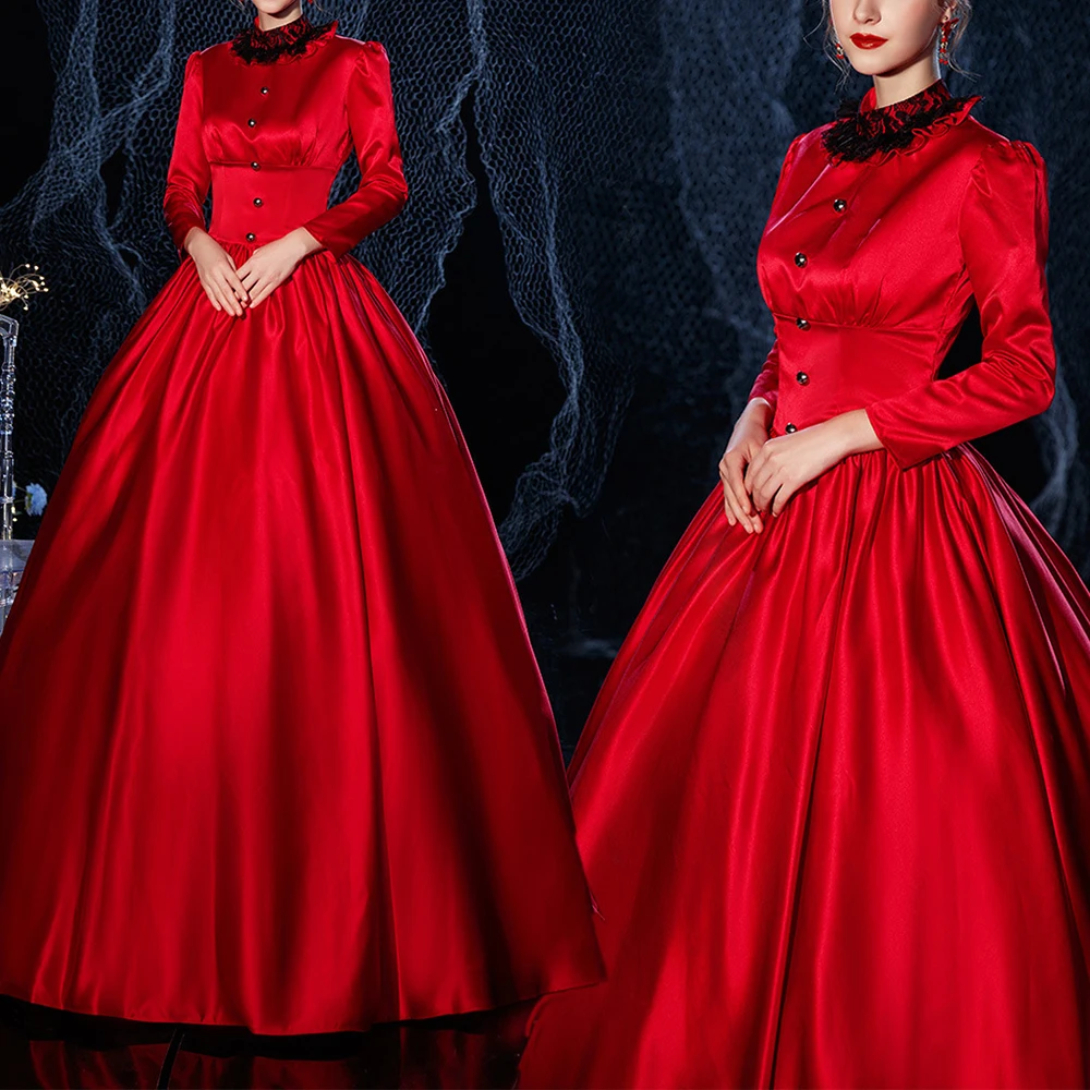 Women's Long Evening Dress Red Victorian Dresses Retro Claret Palace Dress Drama Stage Halloween Queen Masquerade Costume Gown