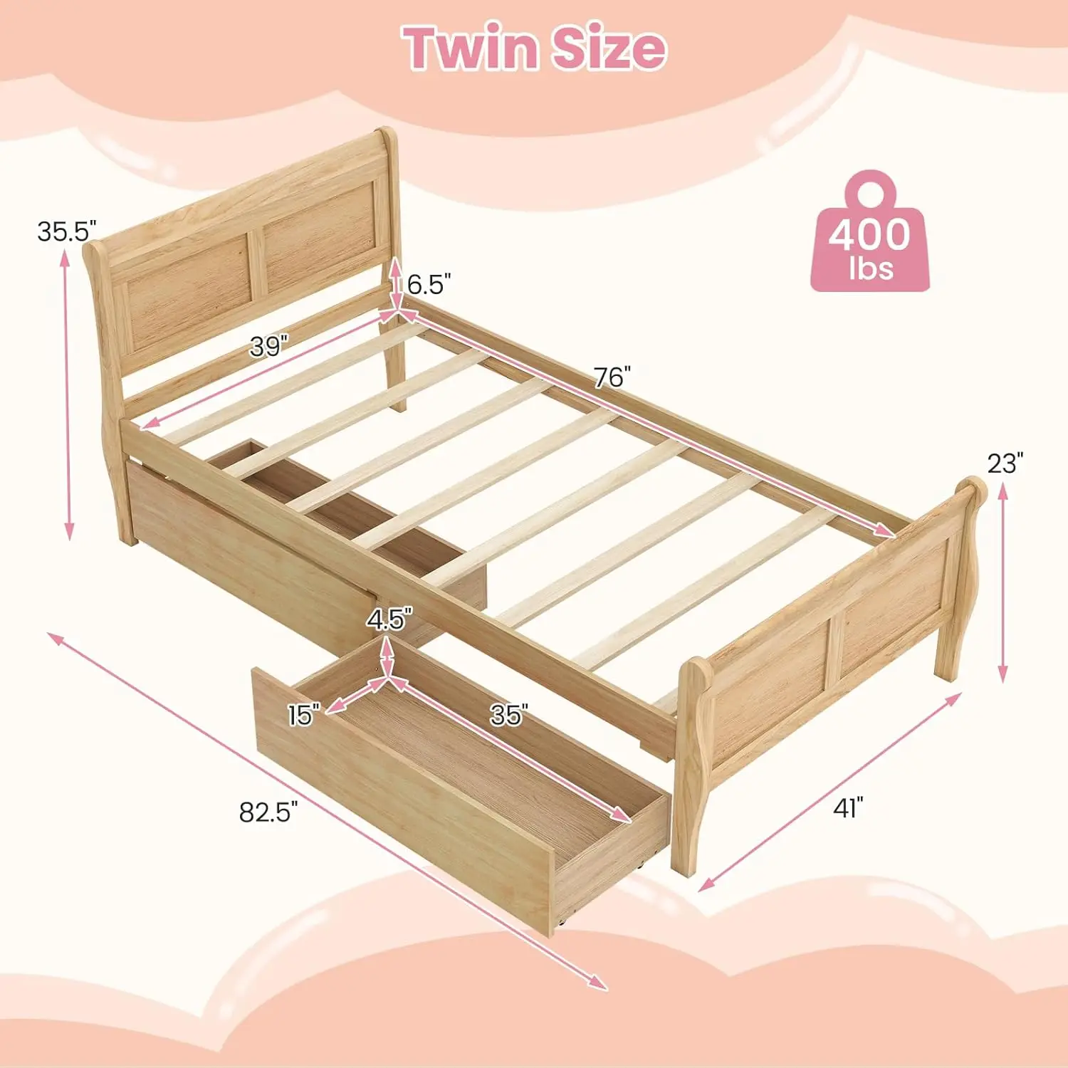 Twin Platform Bed Frame with Storage Drawers Headboard Footboard Wood Slats Support Kids Teens Adults Room Natural, Customized