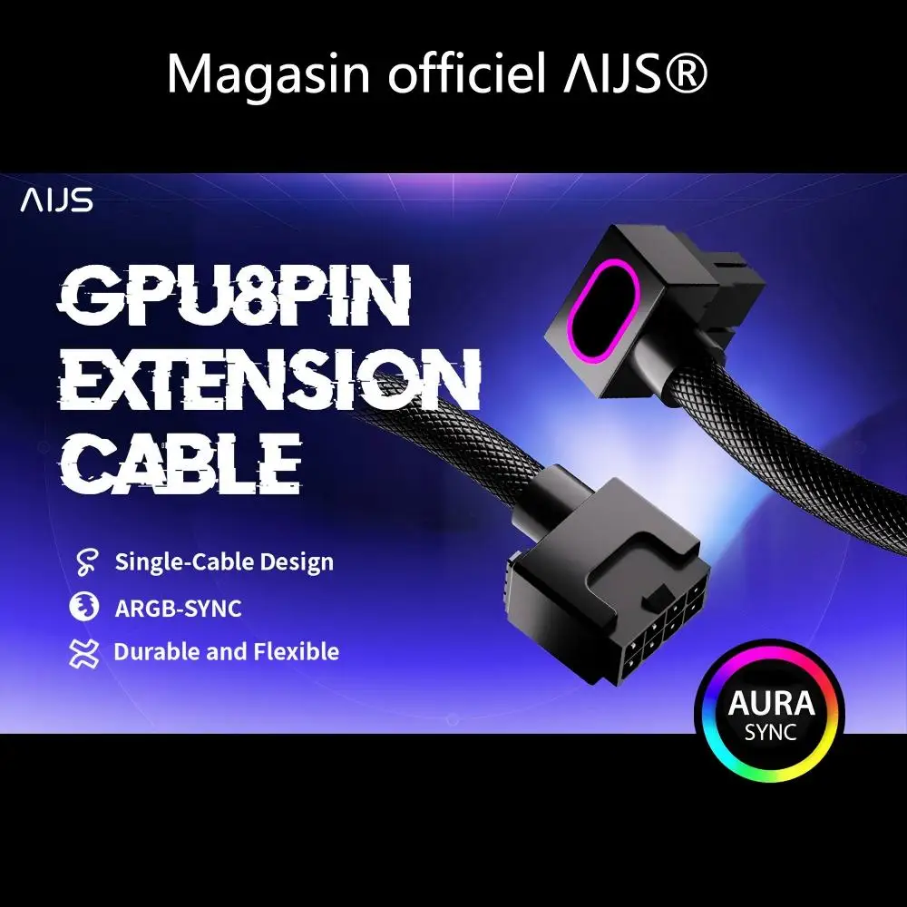Câble d'extension AIJS GPU 8PIN, câble ARGB pour carte graphique PC avec 5V 3Pin, 18AWG 90 °   Connecteur mâle-femelle à angle droit