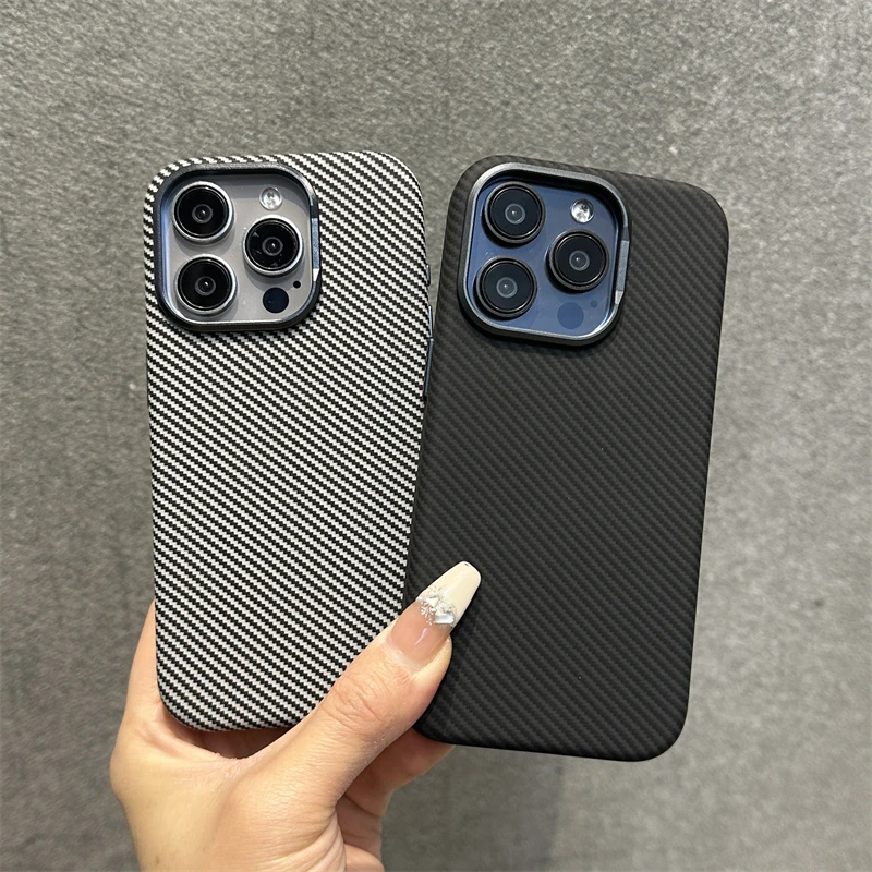 Carbon Fibre Leather MagSafe Phone Case For iPhone 16 15Pro Max 14 15 Pro 16 13 12 Wireless Charging Alloy Lens Protective Cover