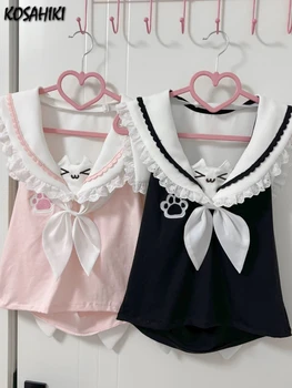 Japanische Kawaii Katze Cartoon süße Tops Y2k ästhetische Spitze Patchwork schlanke Crop Tees Grunge Kontrastfarbe Vintage Fee T-Shirts