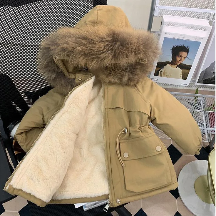 Girls Hooded Cotton Coat 2024 Winter New style Plus Velvet Thickening Windbreaker Down Jacket Baby Big fur Collar Warm Coat