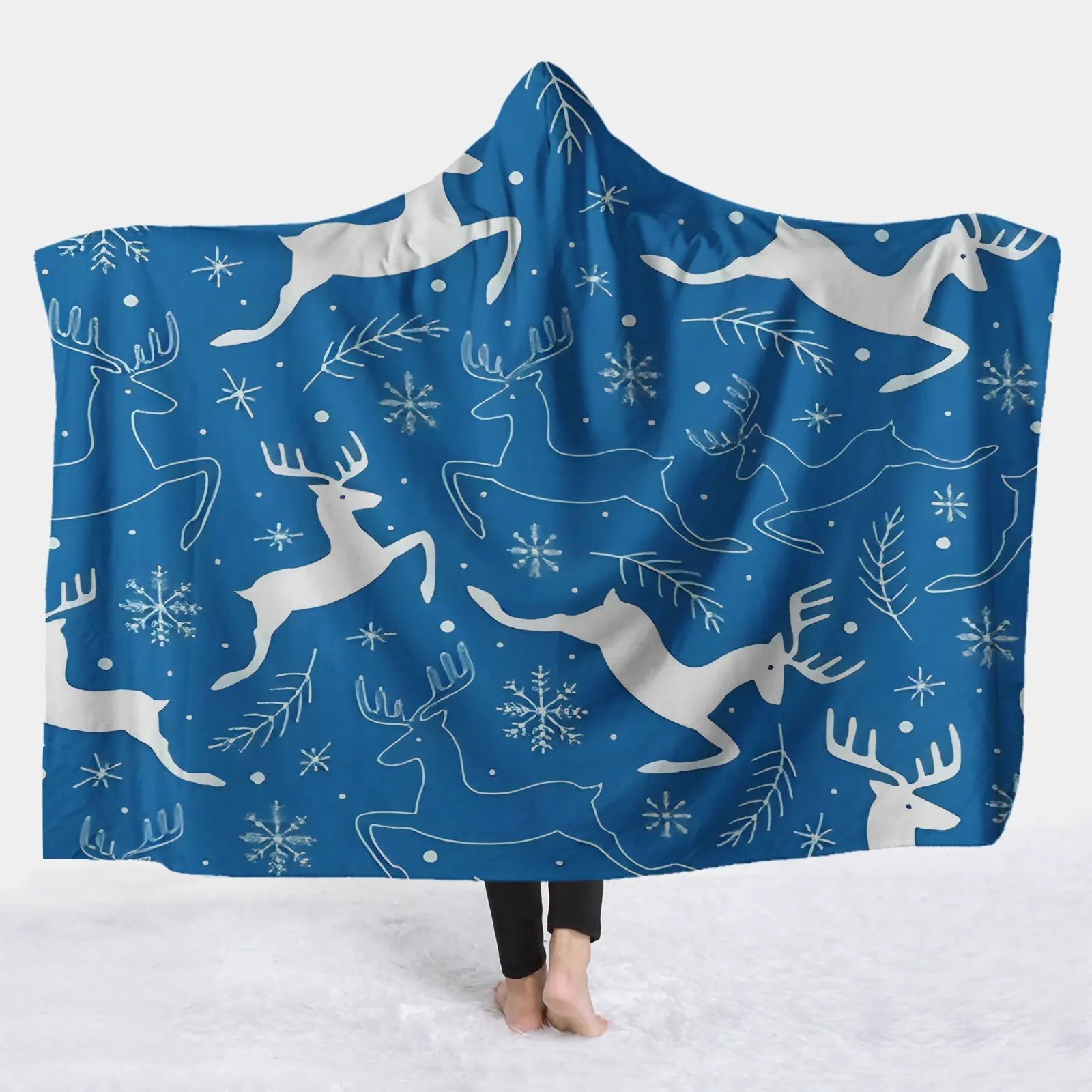 1pc Winter Deer Dance Snow Scene Comfortable Hooded Blanket Soft Warm Flannel Print Suitable for Sofa Office Bed and Travel