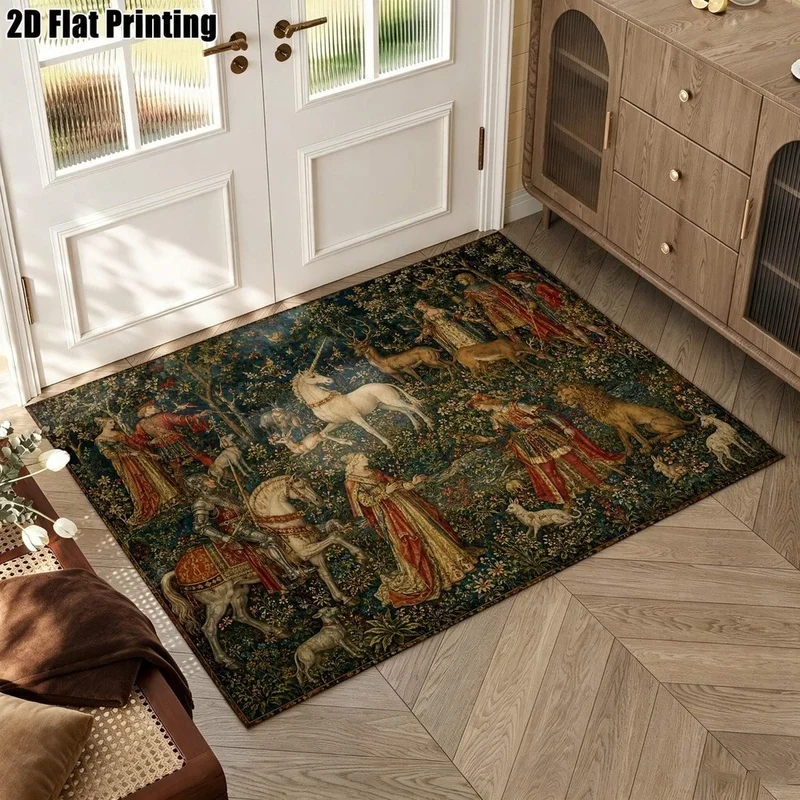 1Pc European Palace Vintage Unicorn Pattern Rug, Bohemian Style Decorative Rug, Suitable for Living Room, Bedroom, Dining Room, Bedside, Indoor and Outdoor Terrace, Home Decoration Accessories