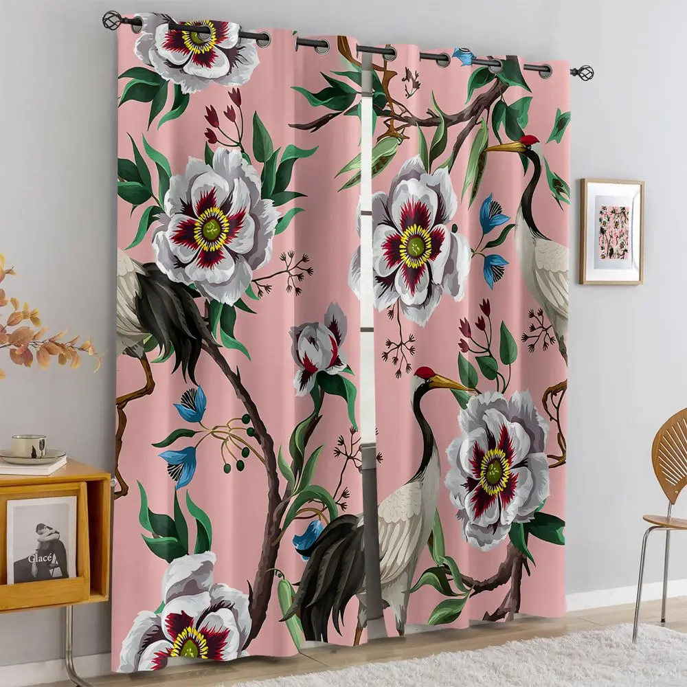 Peony Crane Floral Printed Curtains 2 Panels Light Blocking Rate 85% Darkening Elegant Lady Living Room Curtains