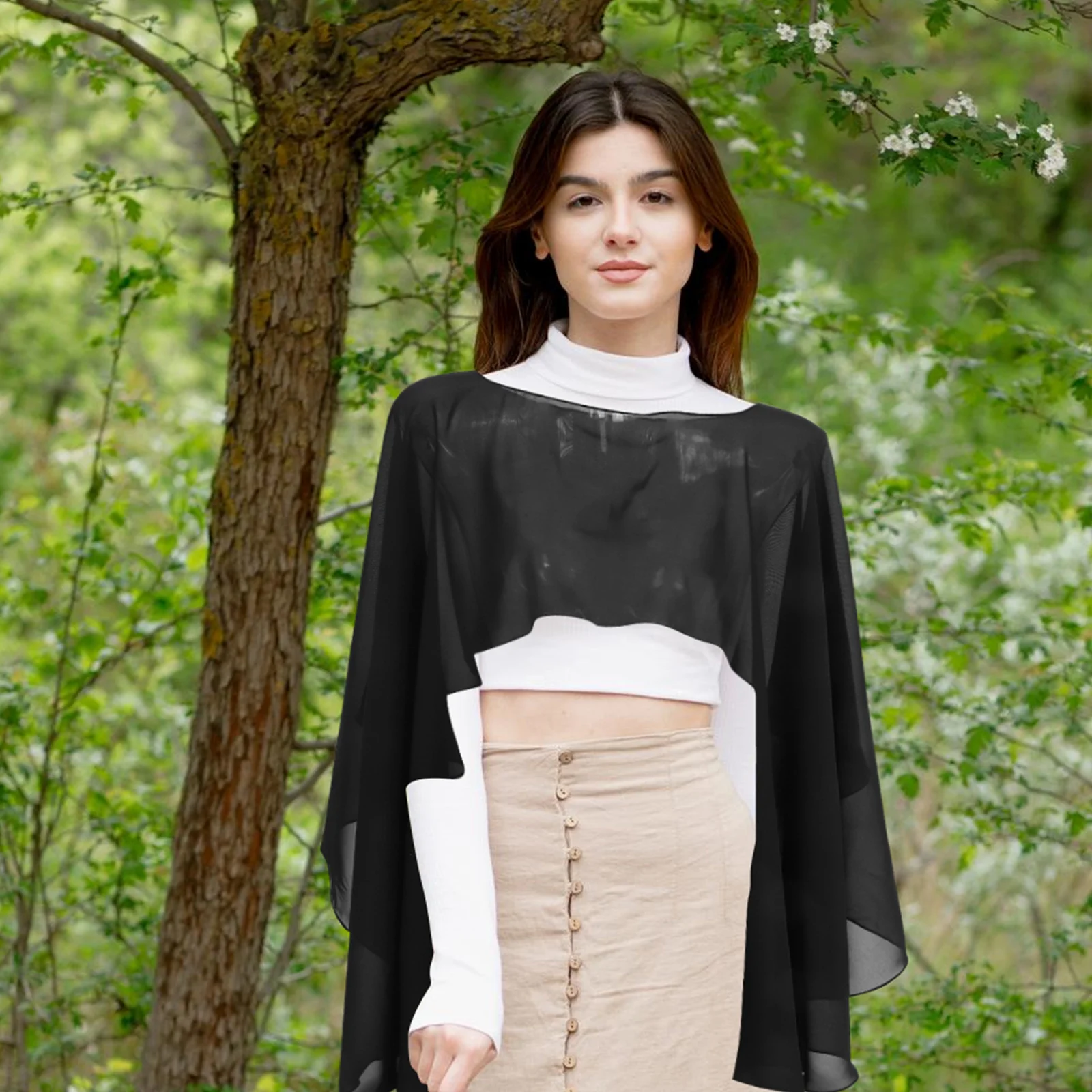

Lightweight Polyester Capelets For Evening Dress Summer Wedding Wraps Sun Protection Long Cape Wrap Black Pullover Style Formal