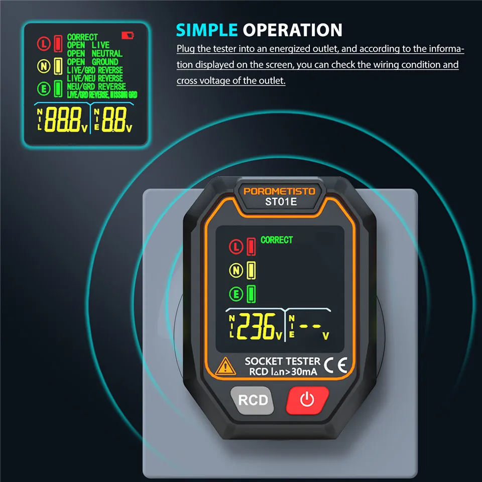 POROMETISTO ST01 Digital Socket Tester with Color Screen UK/EU/US Circuit Checker RCD Socket Detector Data Hold Polarity Tester