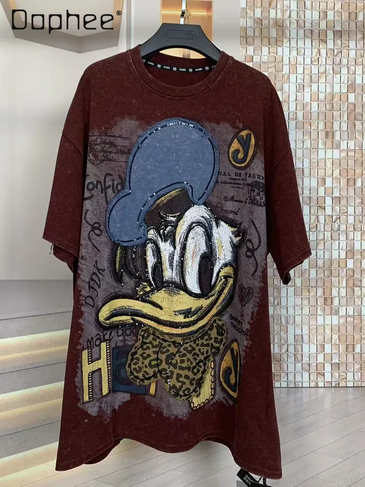 

Fashion Brand Autumn New Heavy Wash Cotton Cartoon Duck Fashion Cute Loose Short Sleeve T-Shirt Top Wine Red Oversized T Shirt