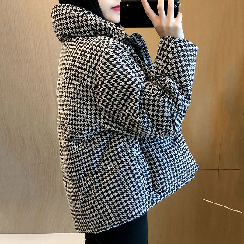 Gidyq Korean Women Houndstooth Parkas Winter Casual Female Loose Thick Warm Down Jacket Fashion Cropped Puffty Overcoat New