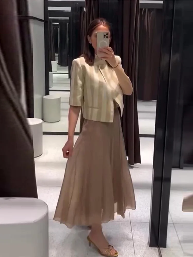 Kurzärmeliger Gestreifter Cropped-Anzugblazer für Damen, Eleganter Stehkragen, Einreihig mit Seitlicher Knopfleiste, Lockerer Mantel, Schicker Damen-Pendler-Oberteil – Detail 20