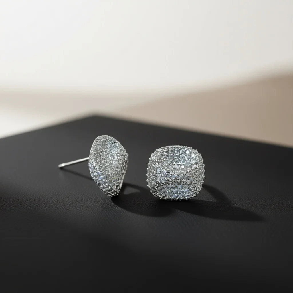 Luxury Silver Copper Stud Earrings, Cushion Cube Shape, Full Paved Zircon, Dense Micro Inlay, Jewelry for Banquet Daily Wear
