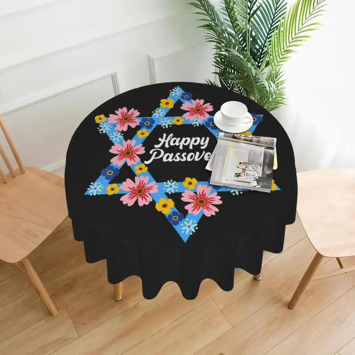 Jewish Passover Round Tablecloth Star of David Flower Waterproof Table Cloth Funny Events Dining Tables Graphic Table Cover