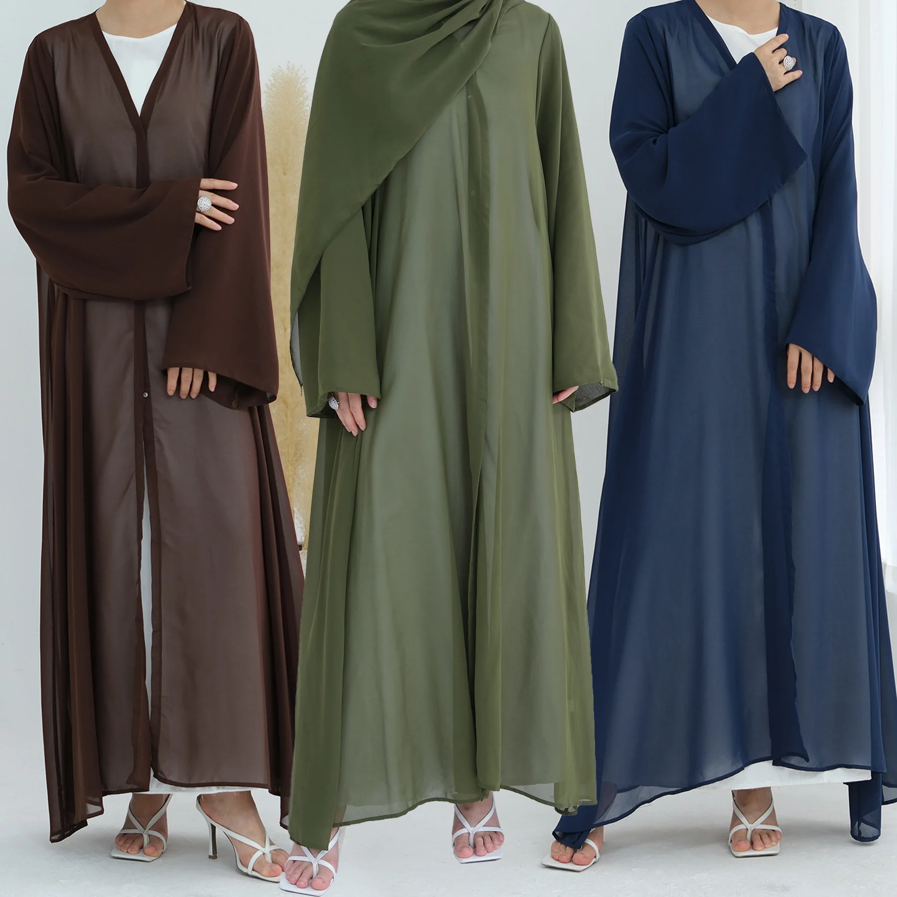 

Elegant Chiffon Kimono Abaya with Shawl Scarf (No Inner Dress), Snap Buttons Front Sheer Hijabi Outfit Ramadan Islamic Clothing