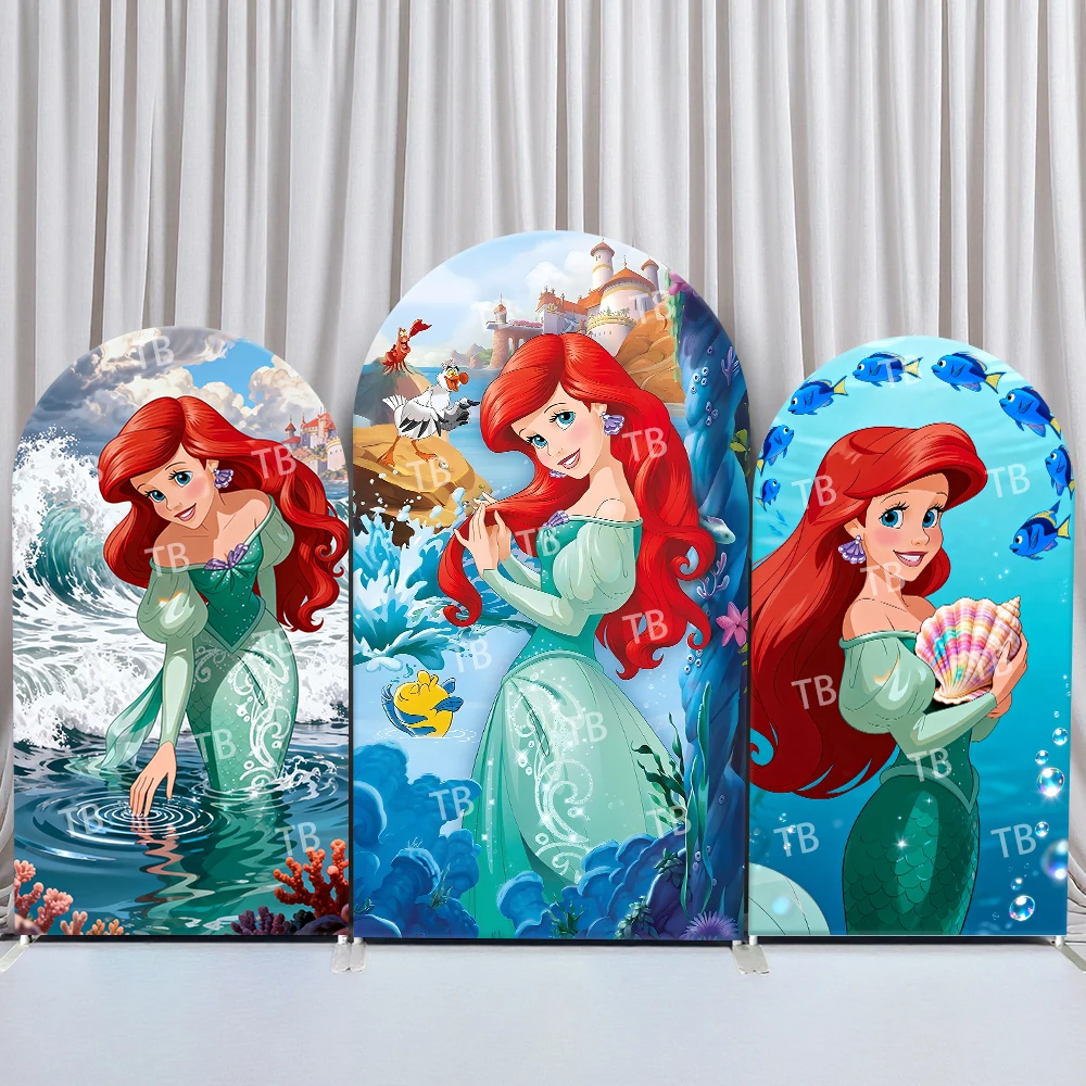 

Disney Little Mermaid Arch Backdrop Cover Birthday and Baby Shower Castle Seashell Underwater Theme Kids Party Photo Booth Decor