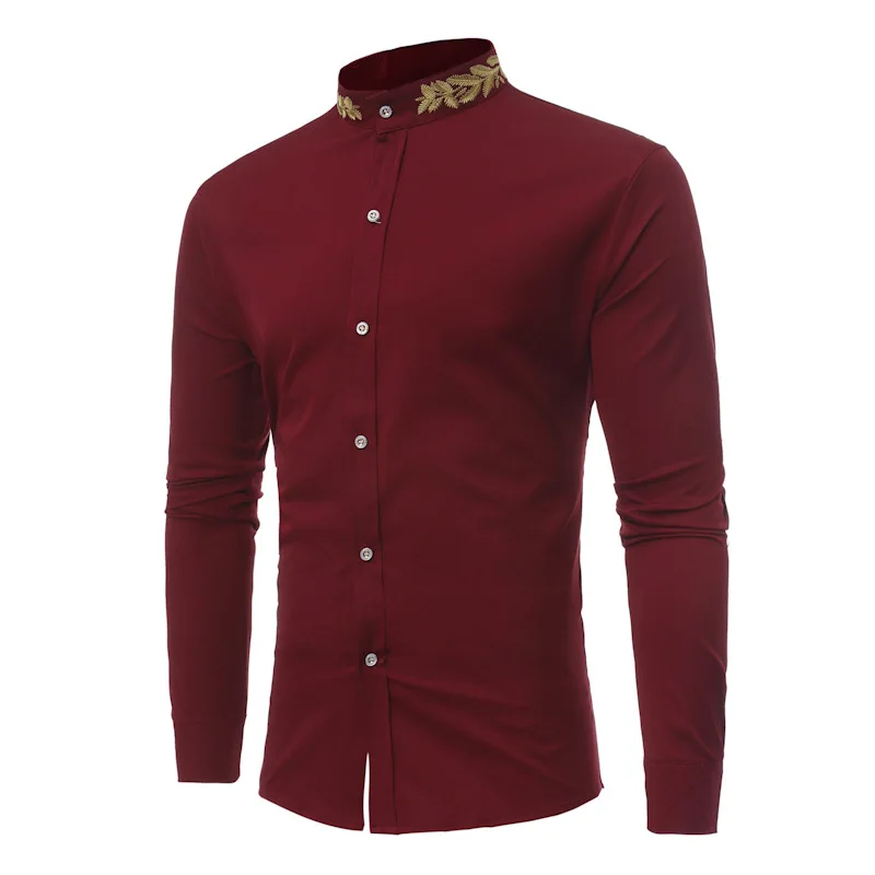 Frühling Herbst Neue männer Solide Einfache Casual Shirts Mode Stickerei Stehkragen Einreiher Business Party Kleid Shirts – Detail 2