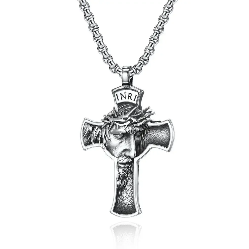 Stainless Steel Jewelry Jesus Christ Face Crucifix Cross Pendant Men's Necklace Chains Chains