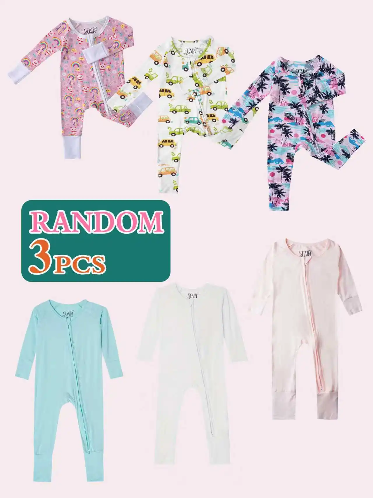 

Three-piece fashion baby romper set, featuring a randomly selected bamboo fibre romper, suitable for ages 0-24 months.