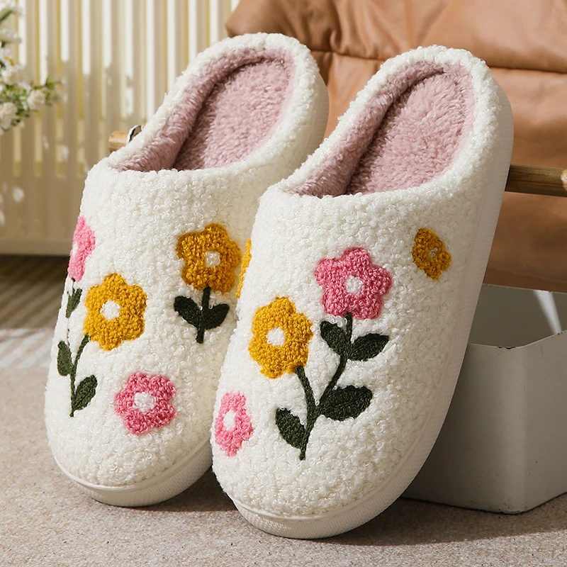 

Winter new home slippers comfortable warm soft sole elegant floral print women's slippers indoor casual walking gift slippers