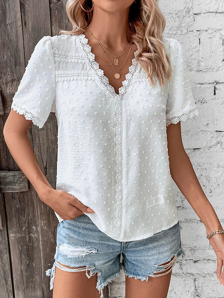 Women Fashion Solid Color Blouses Shirts Casual V Neck Short Sleeve Tops Ladies Summer Boho Sweet Female Chic Blouse Clothing