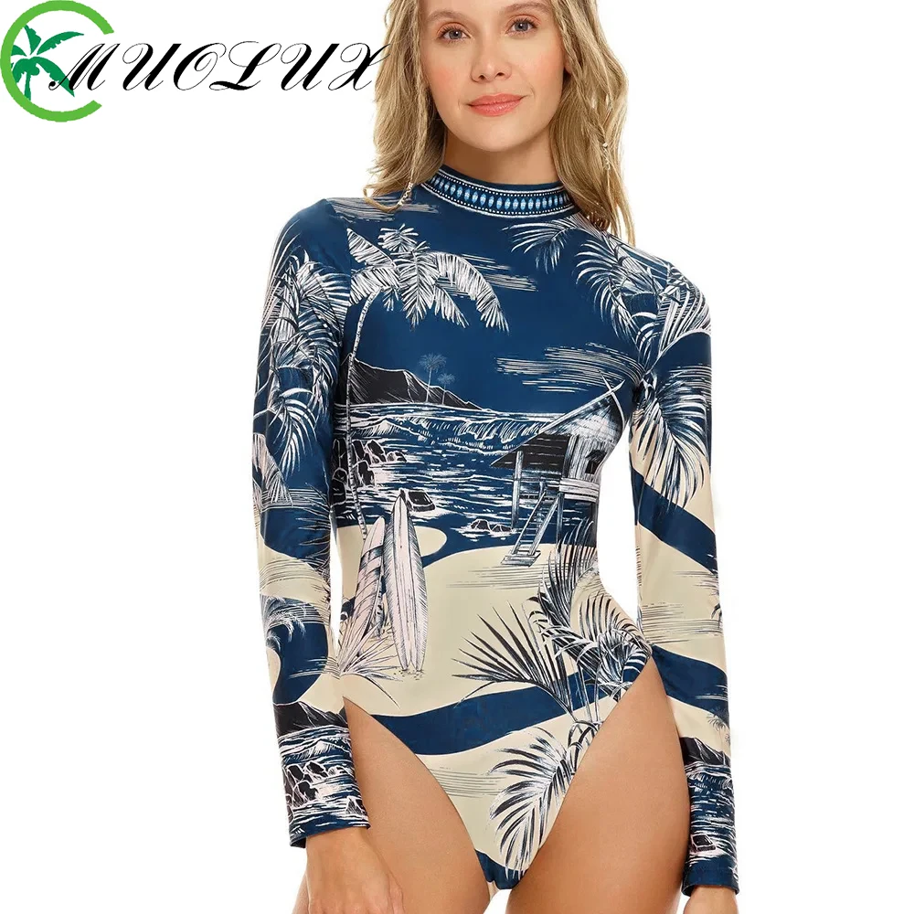 MUOLUX Rash Guard 2024 z długim rękawem jednoczęściowe damskie stroje kąpielowe stroje kąpielowe damskie Monokini Uv ochrona przed słońcem zamek