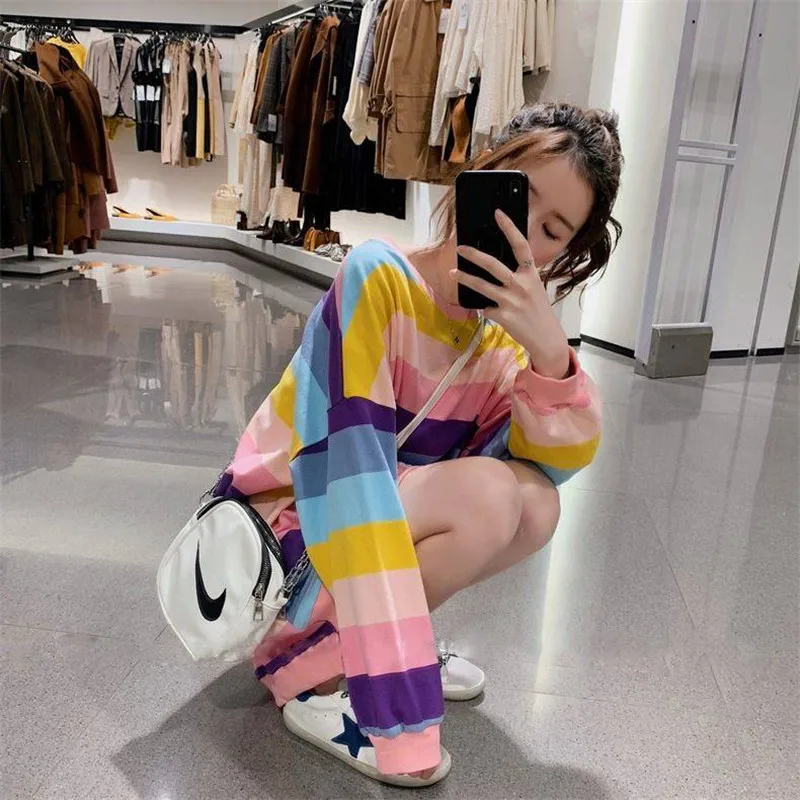 Rainbow Striped Long Sleeve Sweatshirts Women Spring Autumn Hoody Blouse Shirts Female Pullover Hoodies SweatshirtRainbow Stripe