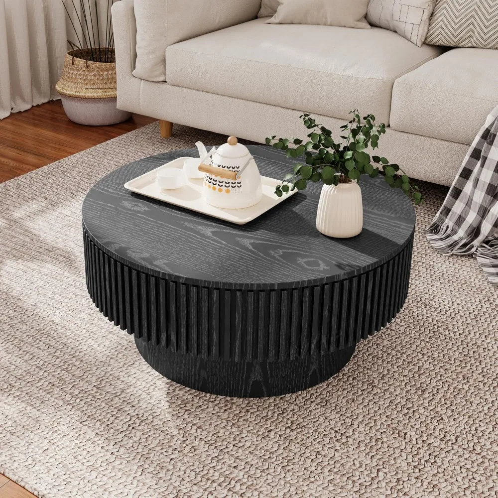 طاولة قهوة مستديرة على طراز المزرعة مع مساحة تخزين، مناسبة لغرفة المعيشة أو الشقة أو المكتب، لمسة نهائية سوداء #4