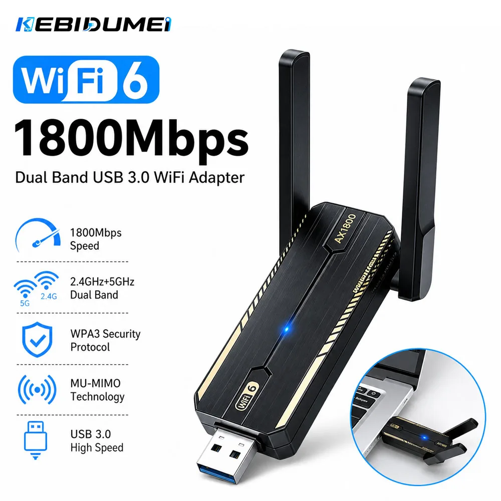 KEBIDUMEI 1800Mbps WiFi 6 USB Adapter USB3.0 Wi-fi Dongle Wireless Network Card High Gain Antenna 802.11ax For Windows 10 11