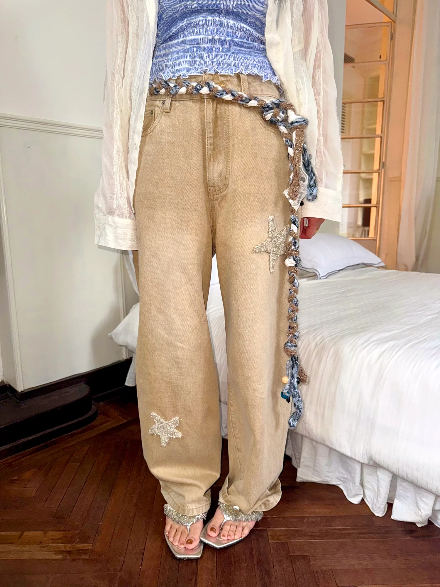 

Джинсы TZCO 25SS Vintage Star Denim: повседневные, свободного кроя, с золотой ручной вышивкой, универсальные, светлые, прямые штанины