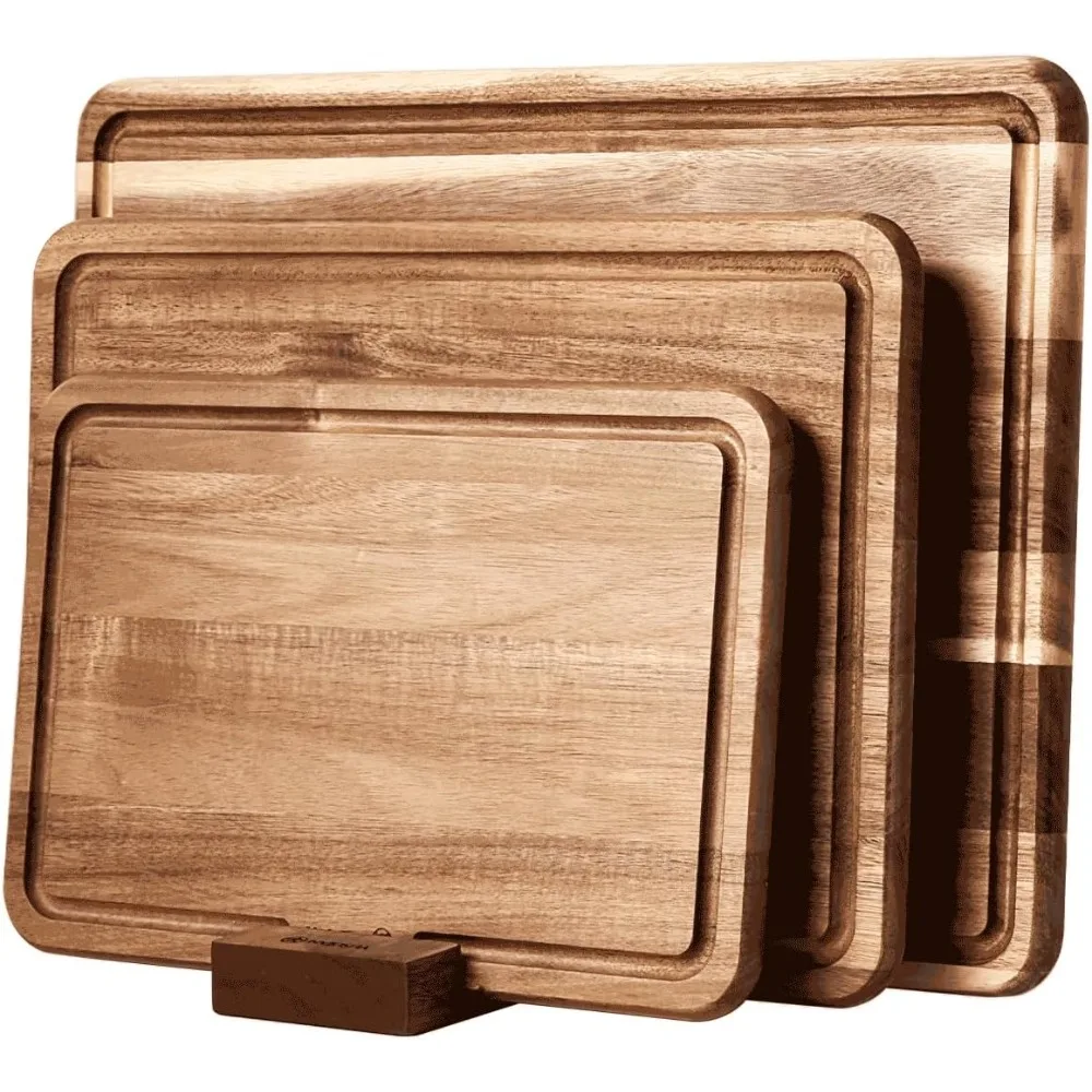 Wood Cutting Board Set of 3 for Kitchen, Acacia Wooden Cutting Boards, Thick Chopping Board with Deep uice Groove Butcher Block