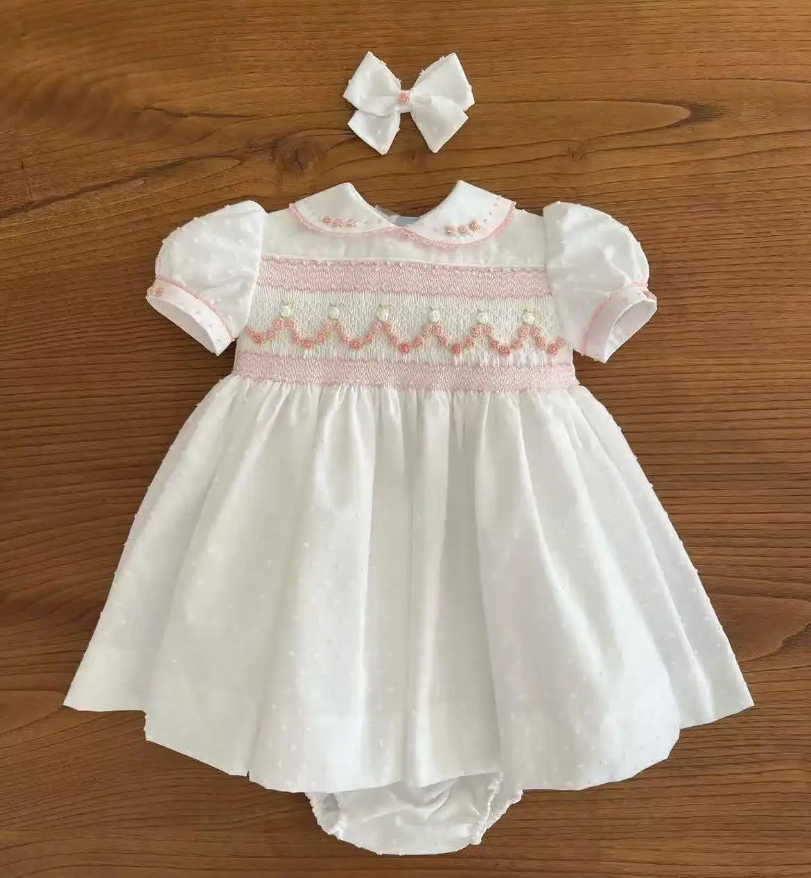 0-12Y Baby Girl Summer White Rose Handmade Embroidery Smocked Vintage Princess Dress for Birthday Photography Holiday Eid A276