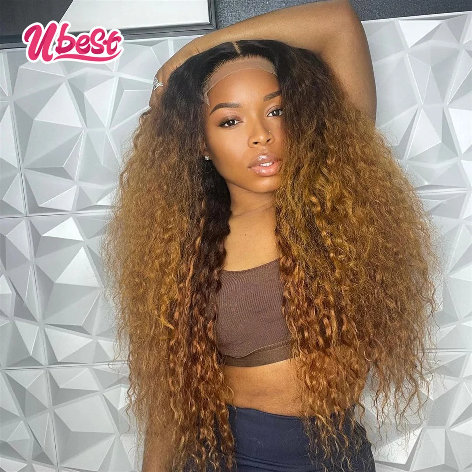 Honey Blonde With Black Root Curly13x6 Lace Front Human Hair Wig Transparent 13x4 Lace Front Wigs for Women PrePlucked Brazilian