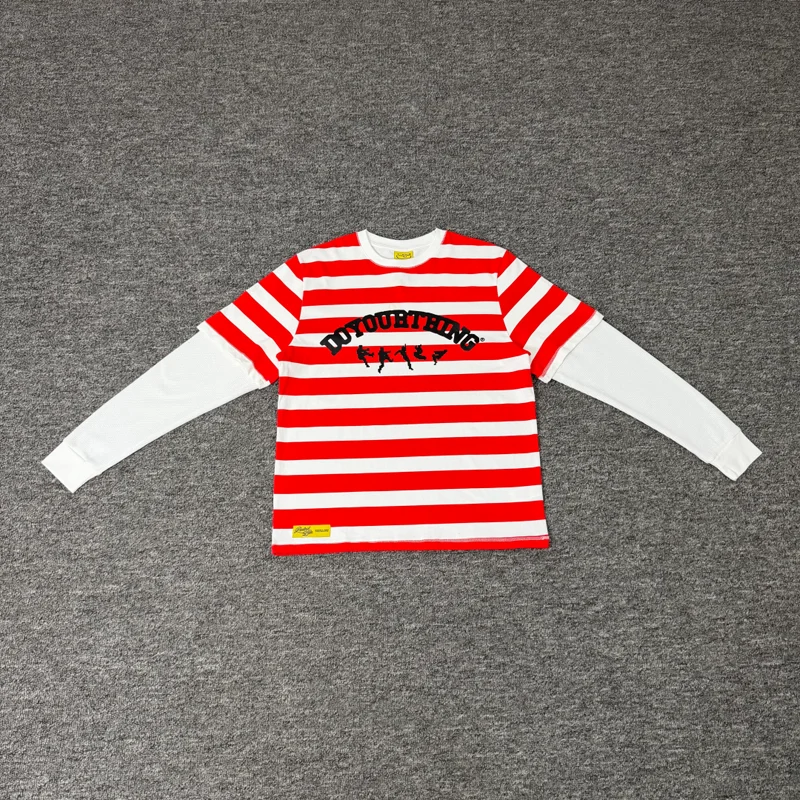 Autumn Men Women Casual Round Neck Cotton Comfortable Protect T-shirt Red White Stripes Fake Two-piece Long Sleeved Shirt