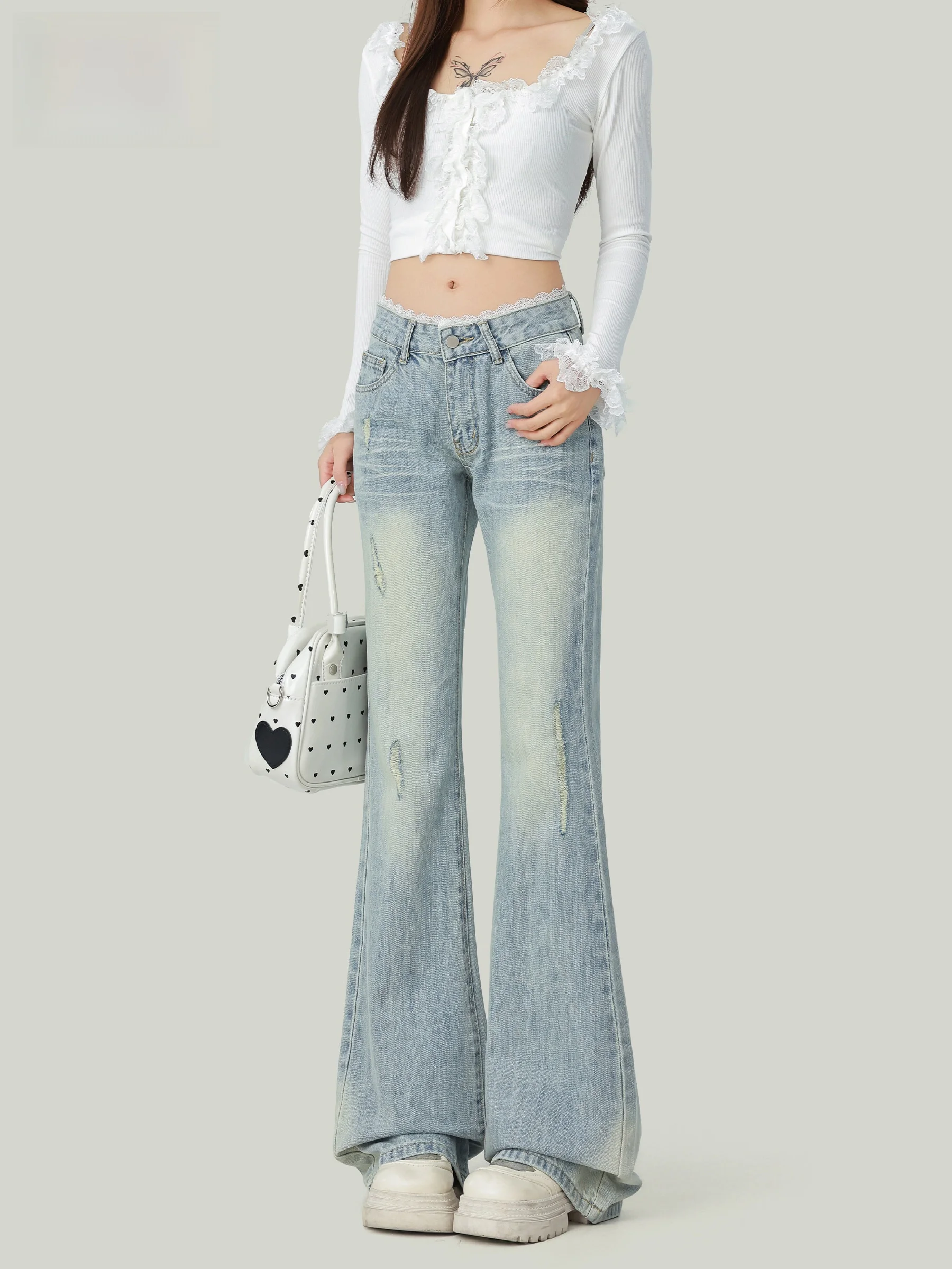 

Джинсы с низкой посадкой и кружевной отделкой, расклешенные, женские, с эффектом похудения, с дырками, повседневные, с высокой талией, из денима, осенняя новинка