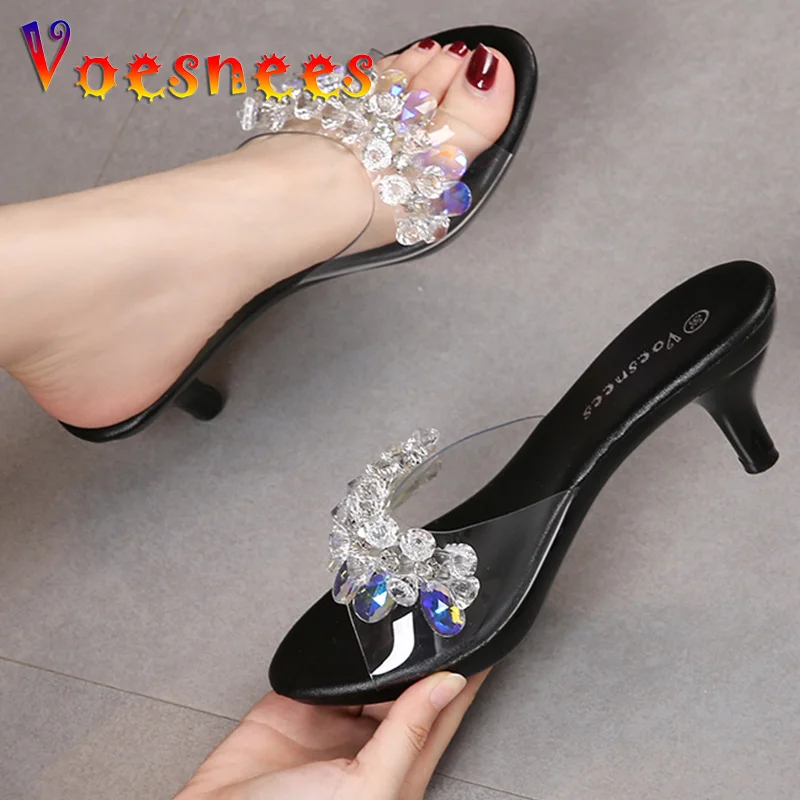 6cm Low Heel Bling Rhinestones Slippers Summer Transparent Sandals Thin High Heels Sexy Party Comfortable Crystal Women Shoes