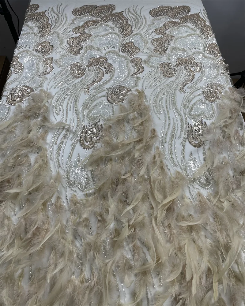 High Quality Nigerian 3d Feather French Beads Mesh Net Lace Fabric with African Sequins Lace Fabric For Sewing Party Dresses