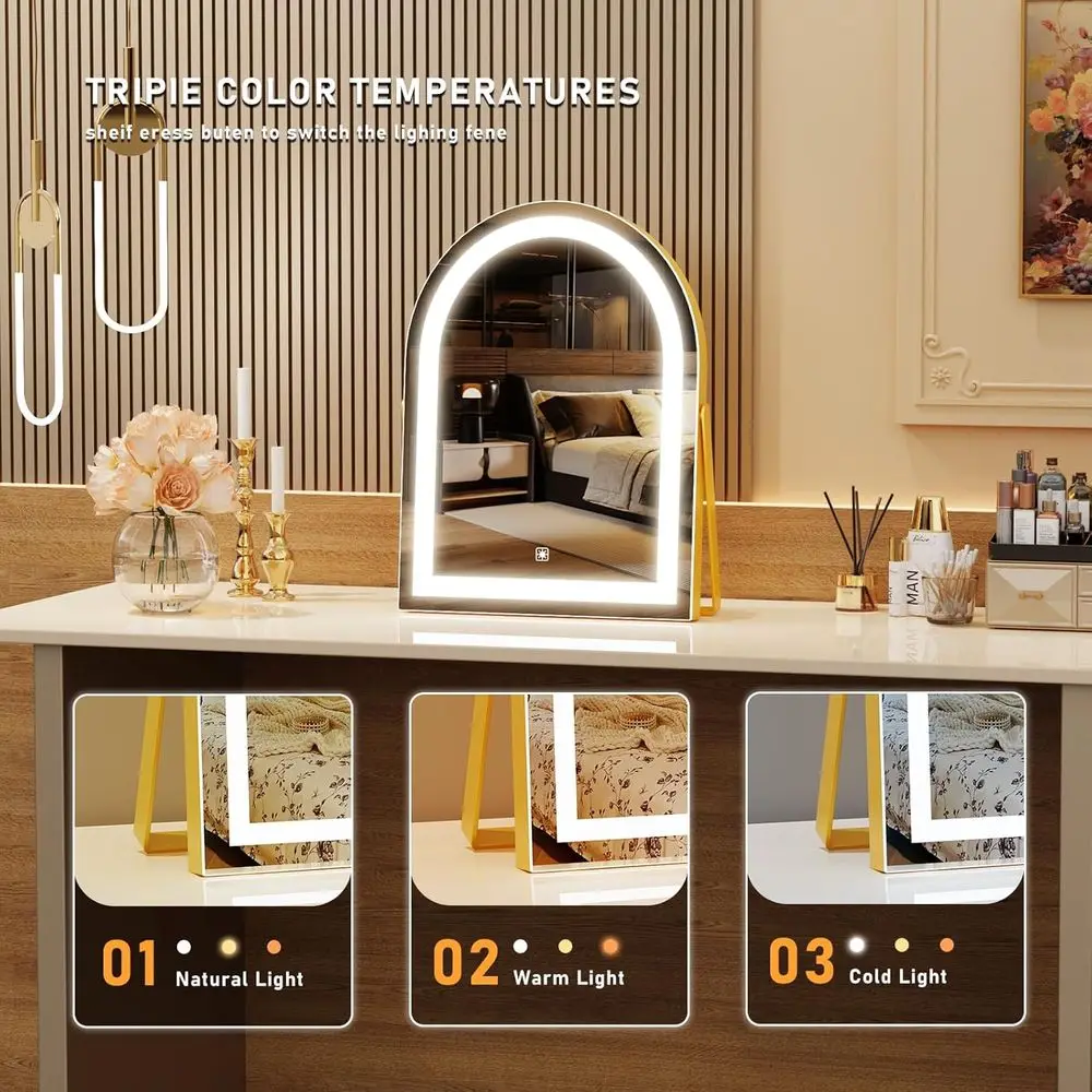 Stilvoller 3-farbiger LED-Kosmetikspiegel mit gewölbtem Design, 360 °   Rotations- und Touch-Kontrolle – ideales Make-up-Geschenk für Frauen in Gold