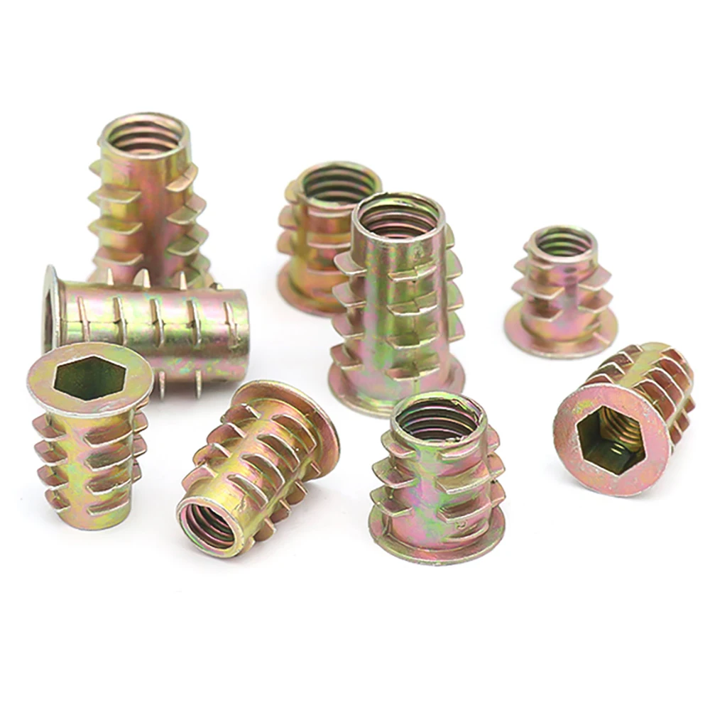 10-60pcs/lot Zinc Alloy Thread For Wood Insert Nut Flanged Hex Drive Head Furniture Nuts M4 M5 M6 M8